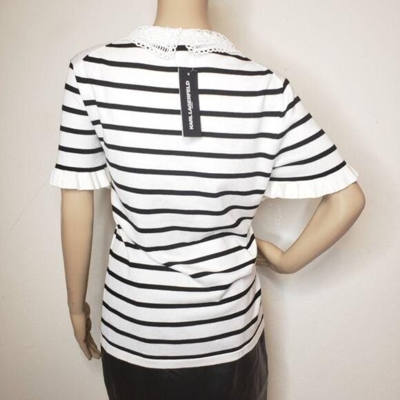Karl Lagerfeld Paris Women's Striped Knit Top With Crochet Collar & Keyhole L - Picture 4 of 8